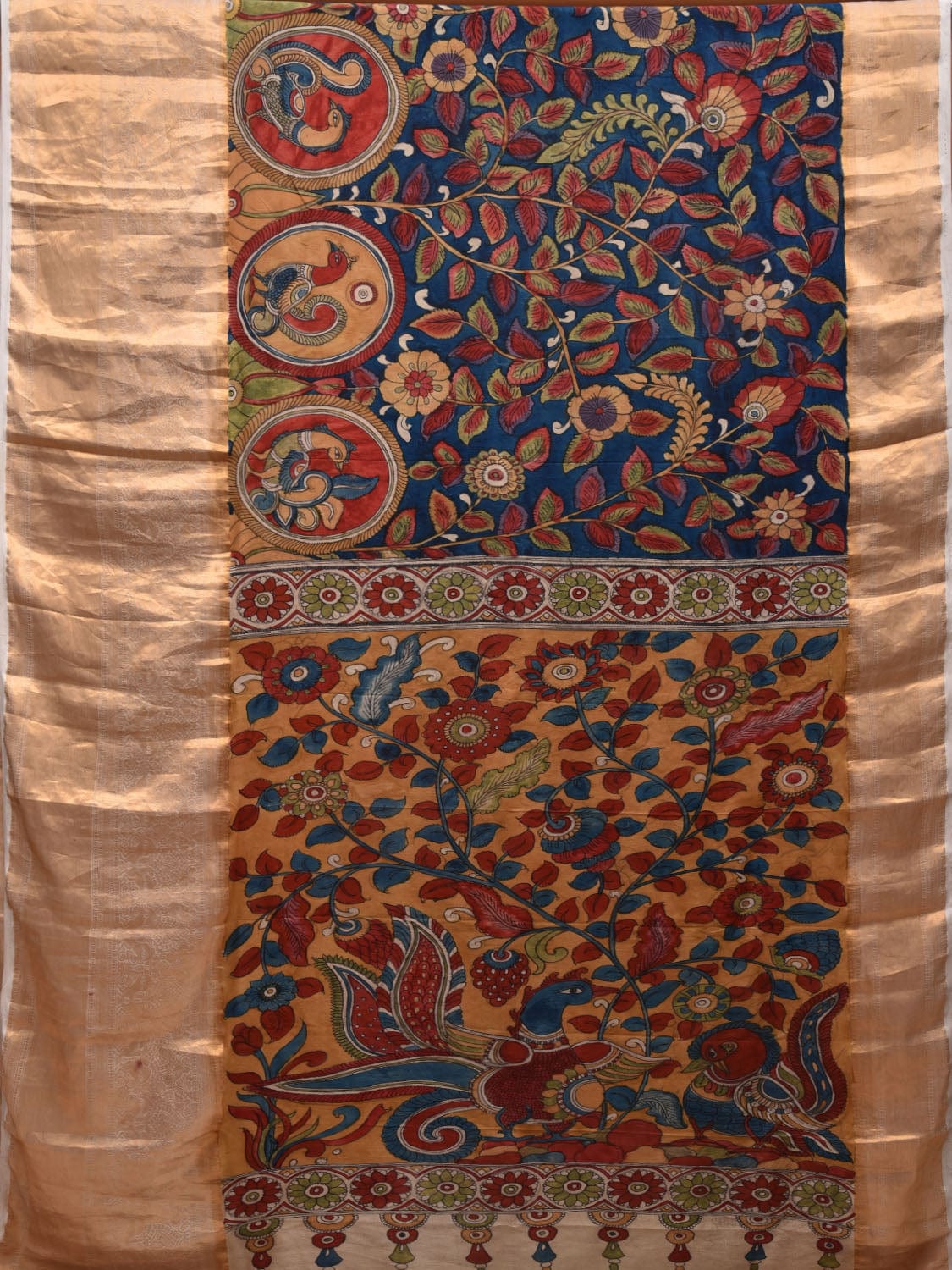 Blue and Yellow Kalamkari Hand Painted Kanchipuram Silk Handloom Saree with Floral and Peacocks Pallu Design KL0642