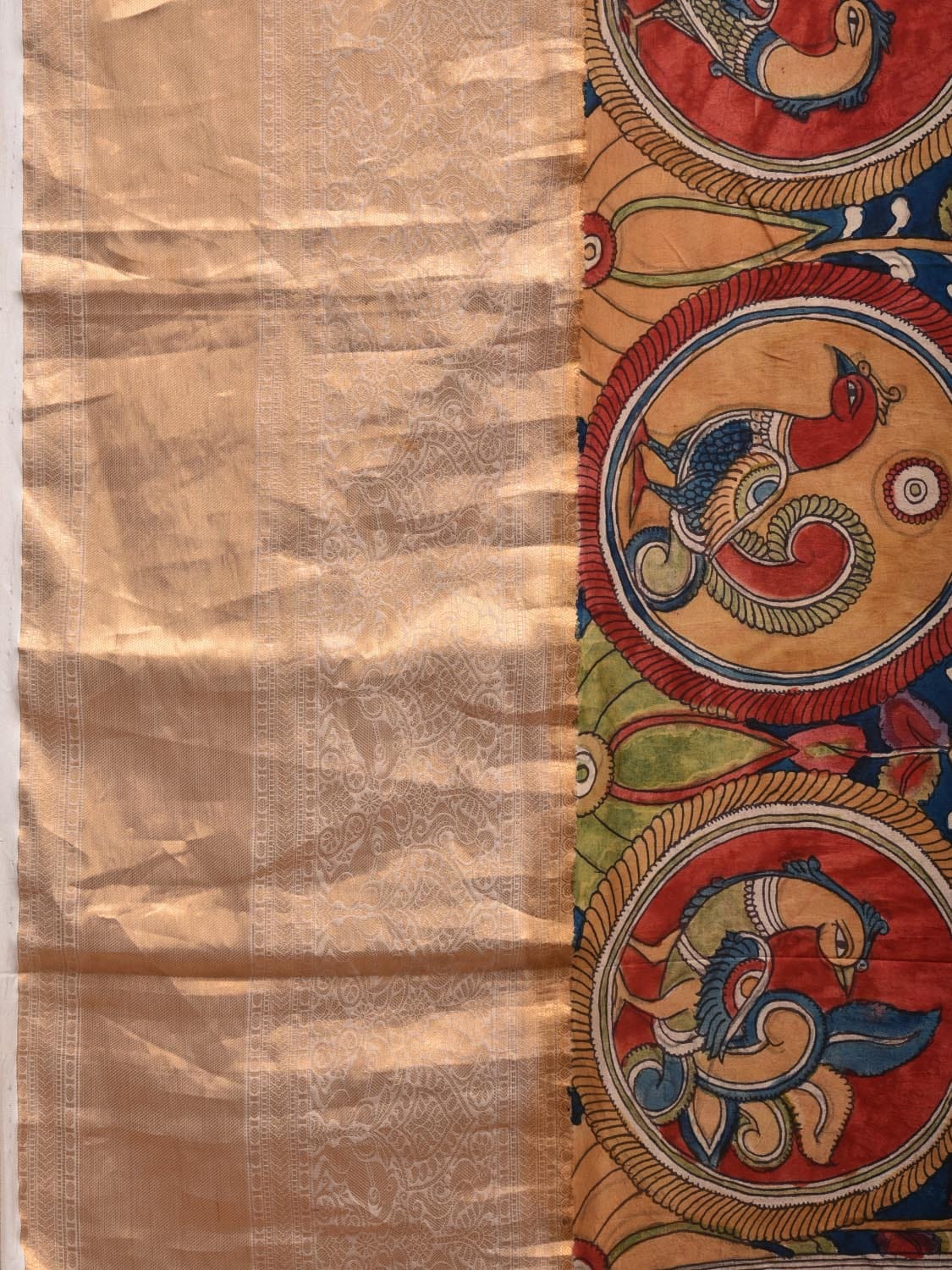 Blue and Yellow Kalamkari Hand Painted Kanchipuram Silk Handloom Saree with Floral and Peacocks Pallu Design KL0642