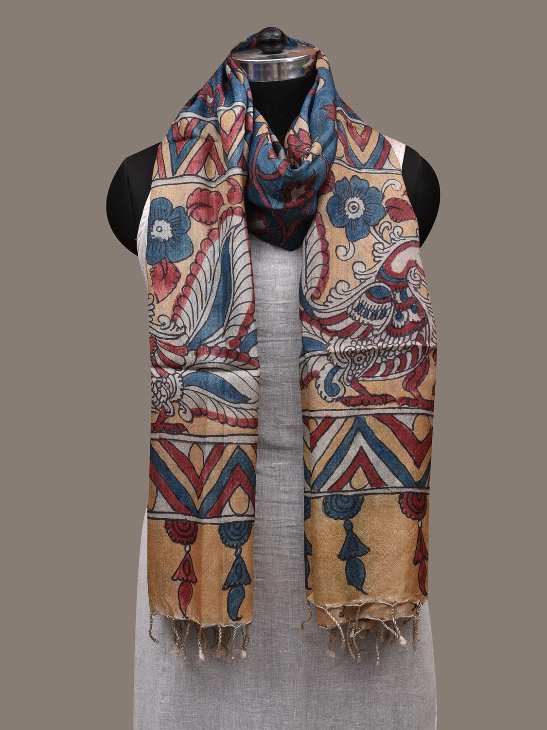 Blue and Yellow Kalamkari Hand Painted Tussar Handloom Dupatta with Floral and Peacocks Design ds2772