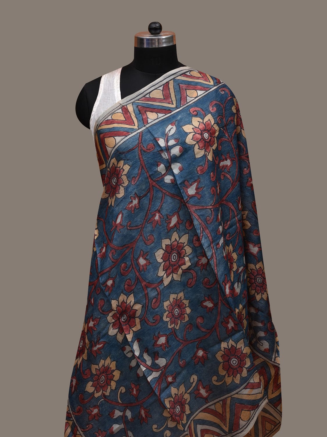 Blue and Yellow Kalamkari Hand Painted Tussar Handloom Dupatta with Floral and Peacocks Design ds2772