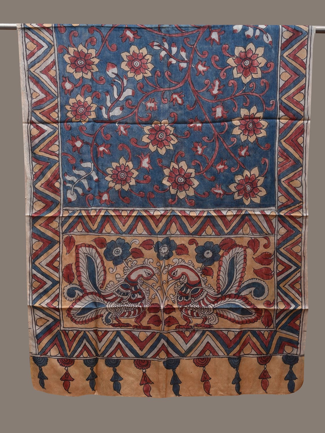 Blue and Yellow Kalamkari Hand Painted Tussar Handloom Dupatta with Floral and Peacocks Design ds2772