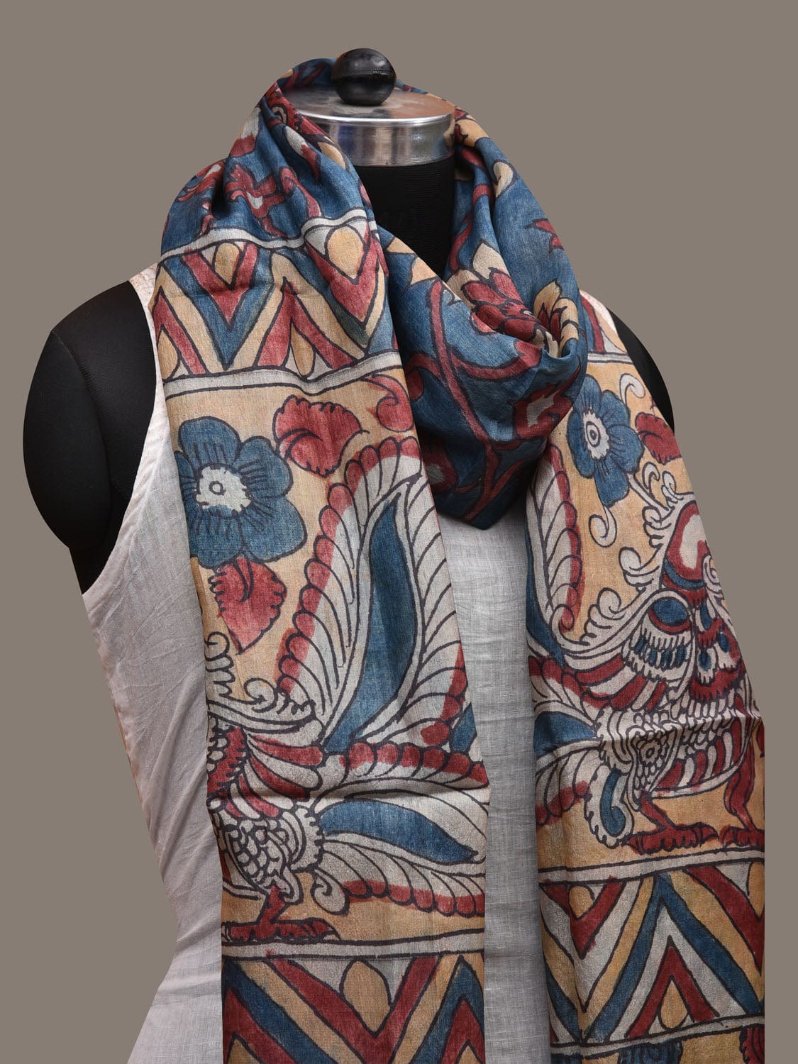 Blue and Yellow Kalamkari Hand Painted Tussar Handloom Dupatta with Floral and Peacocks Design ds2772