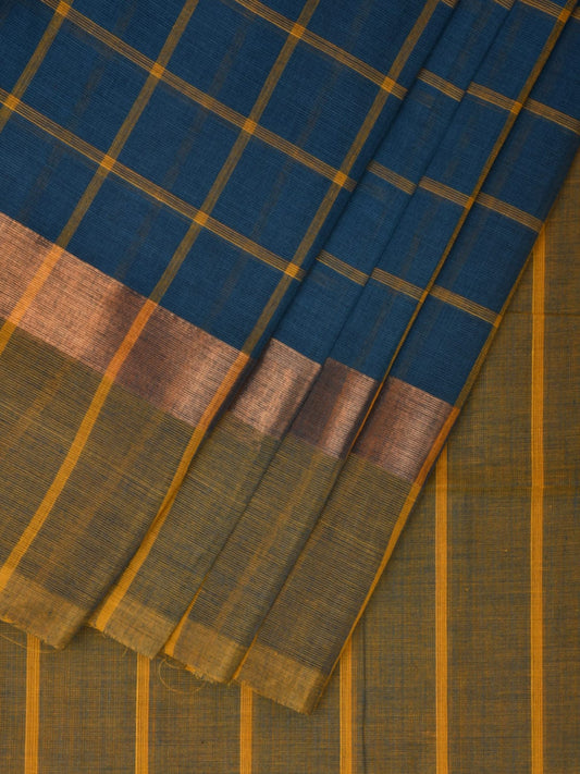 Blue and Yellow Kanchipuram Cotton Saree with Big Checks Design k0616
