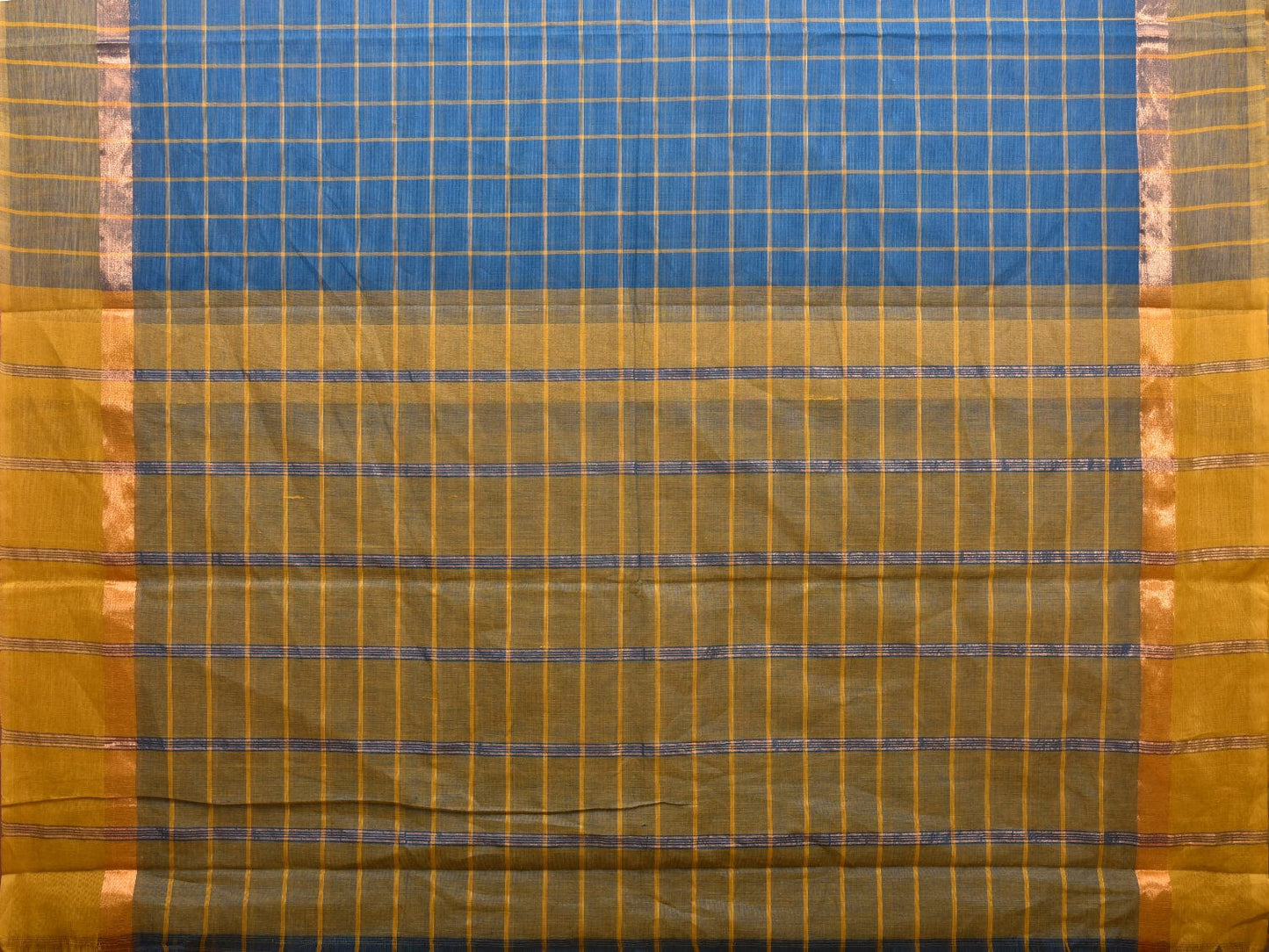 Blue and Yellow Kanchipuram Cotton Saree with Big Checks Design k0616