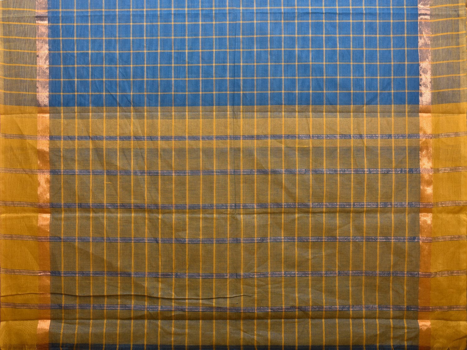 Blue and Yellow Kanchipuram Cotton Saree with Big Checks Design k0616