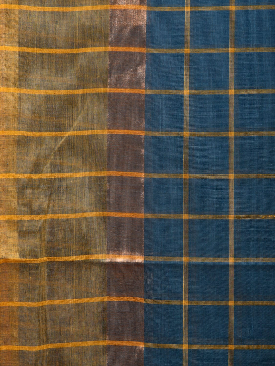 Blue and Yellow Kanchipuram Cotton Saree with Big Checks Design k0616