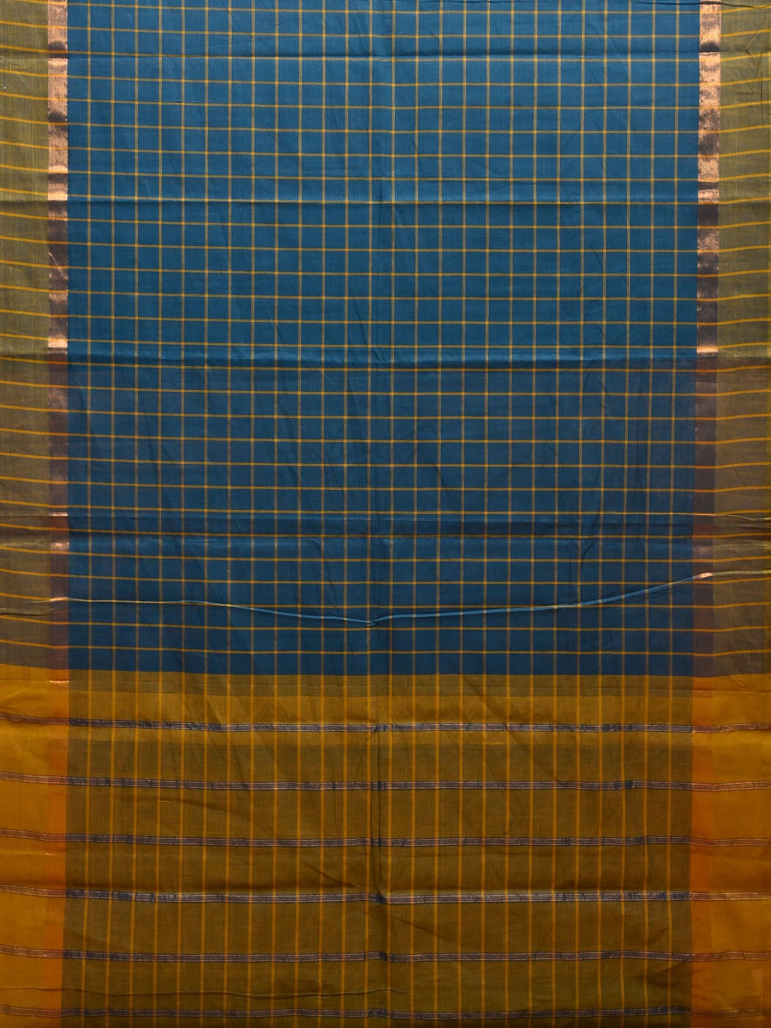 Blue and Yellow Kanchipuram Cotton Saree with Big Checks Design k0616