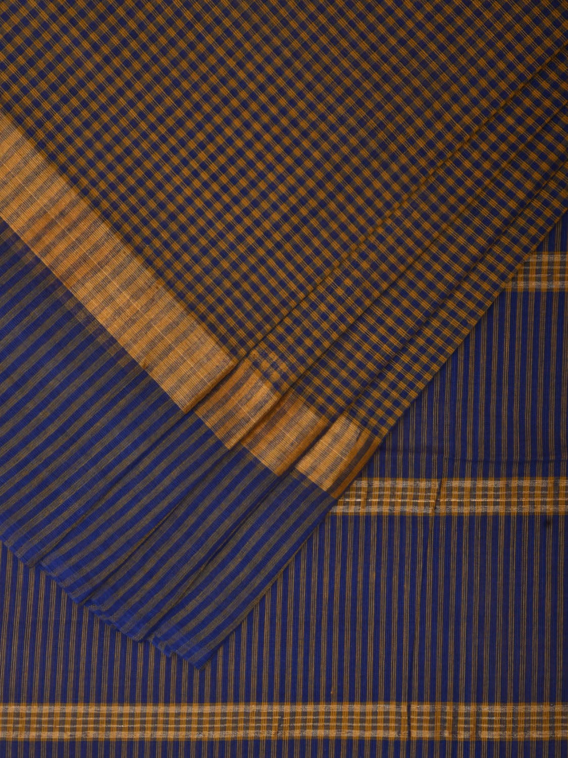 Blue and Yellow Kanchipuram Cotton Saree with Small Checks Design k0607