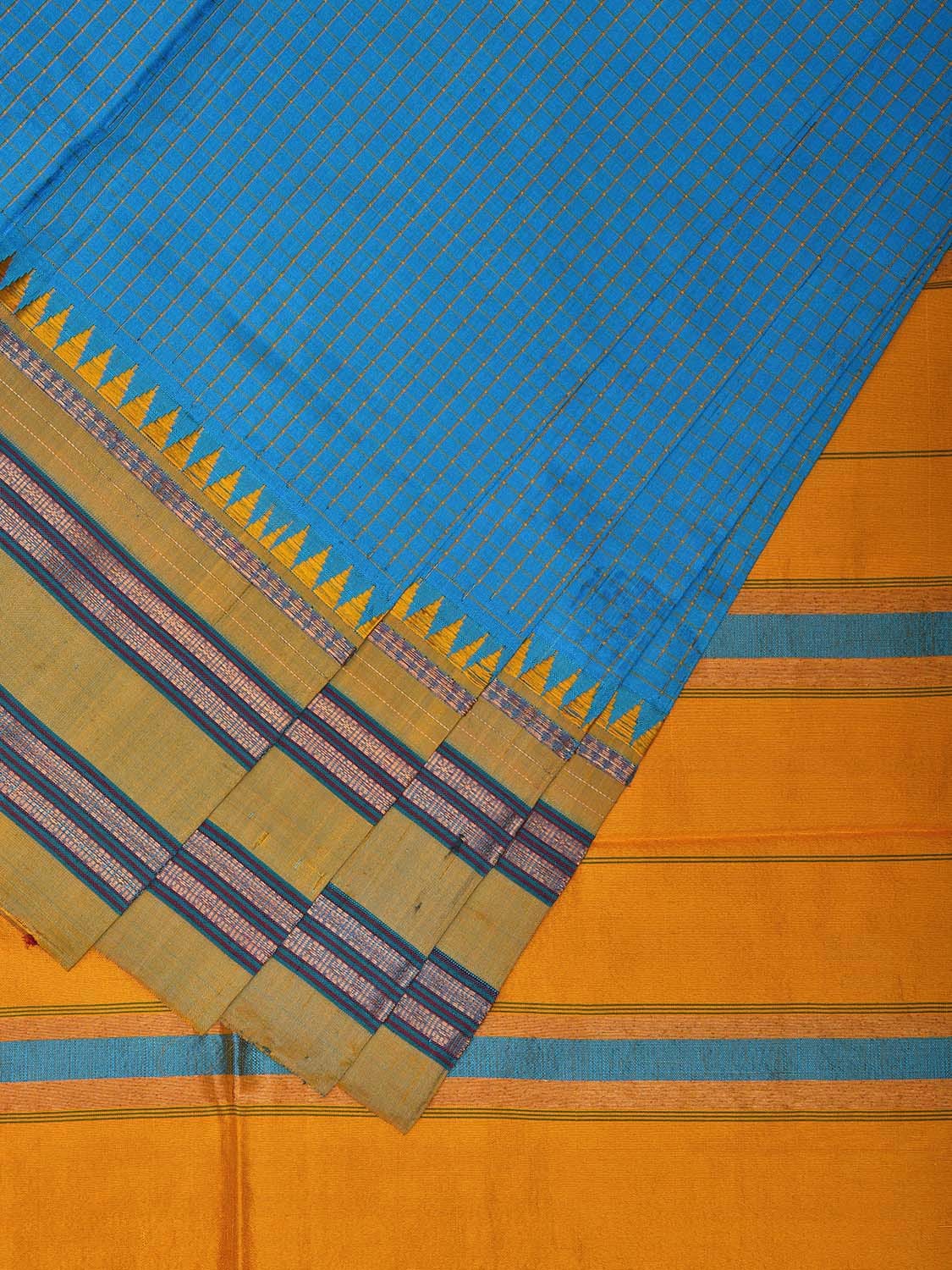 Blue and Yellow Narayanpet Silk Handloom Saree with Checks Design No Blouse np1091