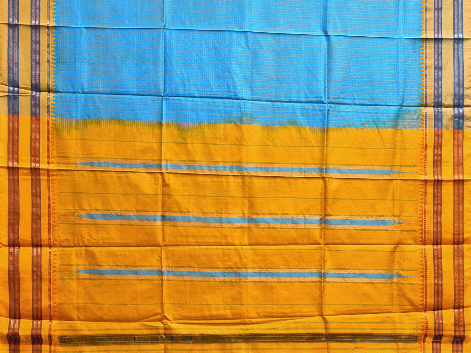 Blue and Yellow Narayanpet Silk Handloom Saree with Checks Design No Blouse np1091