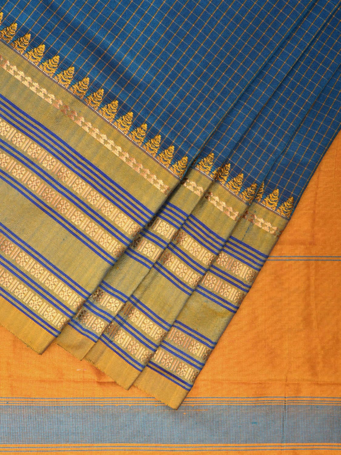 Blue and Yellow Narayanpet Silk Handloom Saree with Checks Design np0936