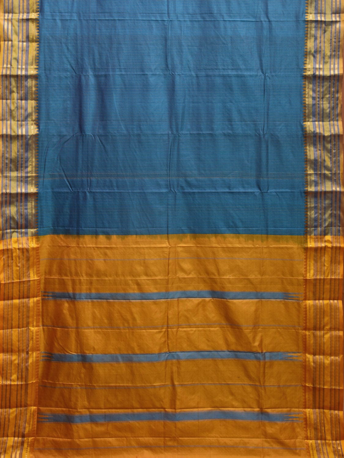 Blue and Yellow Narayanpet Silk Handloom Saree with Checks Design np0936