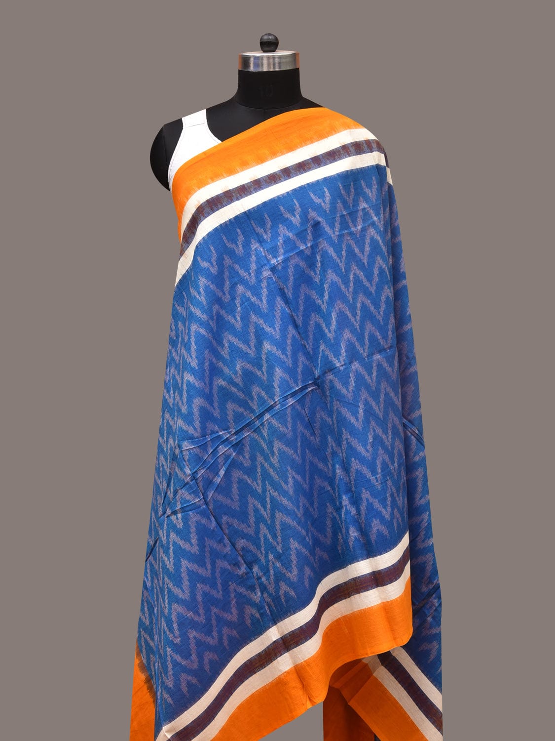 Blue and Yellow Pochamaplly Ikat Cotton Handloom Dupatta with Zig-Zag Design ds3355
