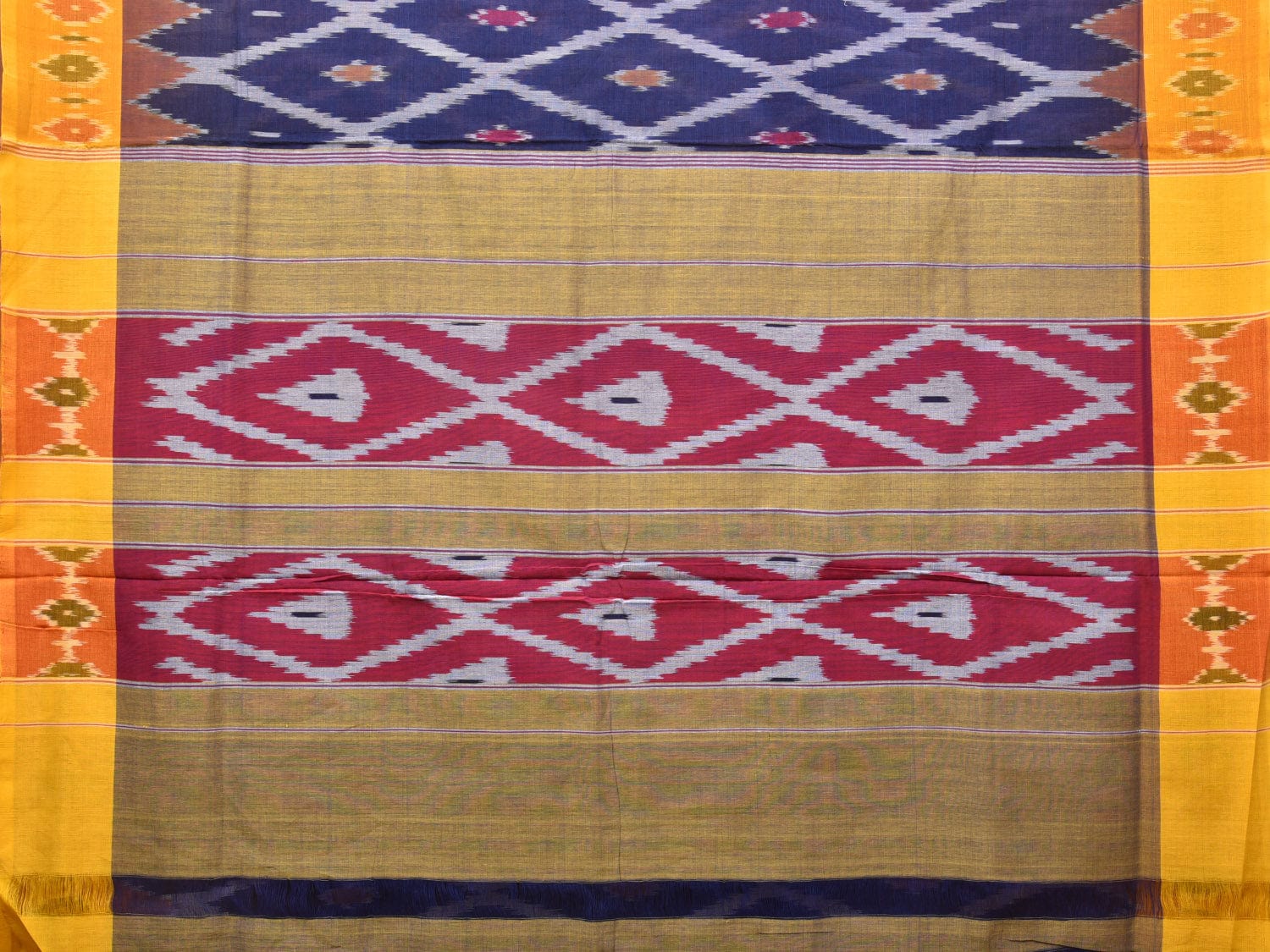 Blue and Yellow Pochampally Ikat Cotton Handloom Saree with Grill Design No Blouse i0801