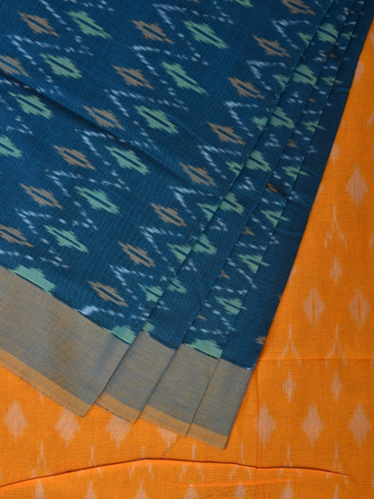 Blue and Yellow Pochampally Ikat Cotton Handloom Saree with Zig-Zag Design No Blouse i0843