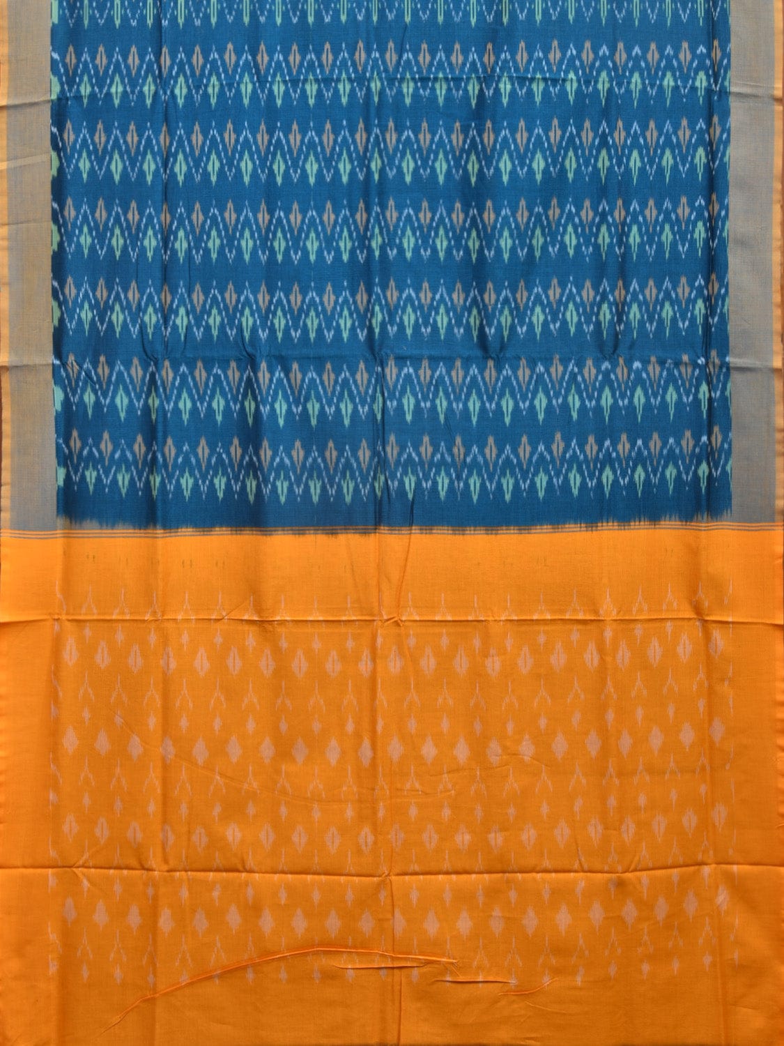 Blue and Yellow Pochampally Ikat Cotton Handloom Saree with Zig-Zag Design No Blouse i0843
