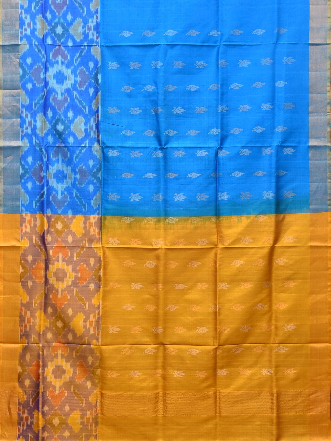 Blue and Yellow Uppada Silk Handloom Saree with Buta and Ikat Border Design u2085