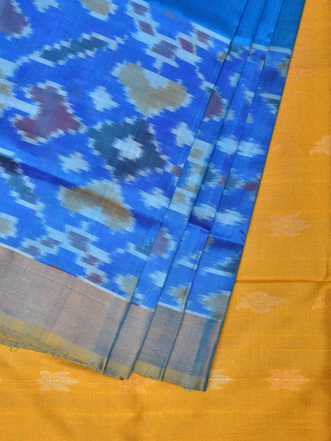 Blue and Yellow Uppada Silk Handloom Saree with Buta and Ikat Border Design u2085