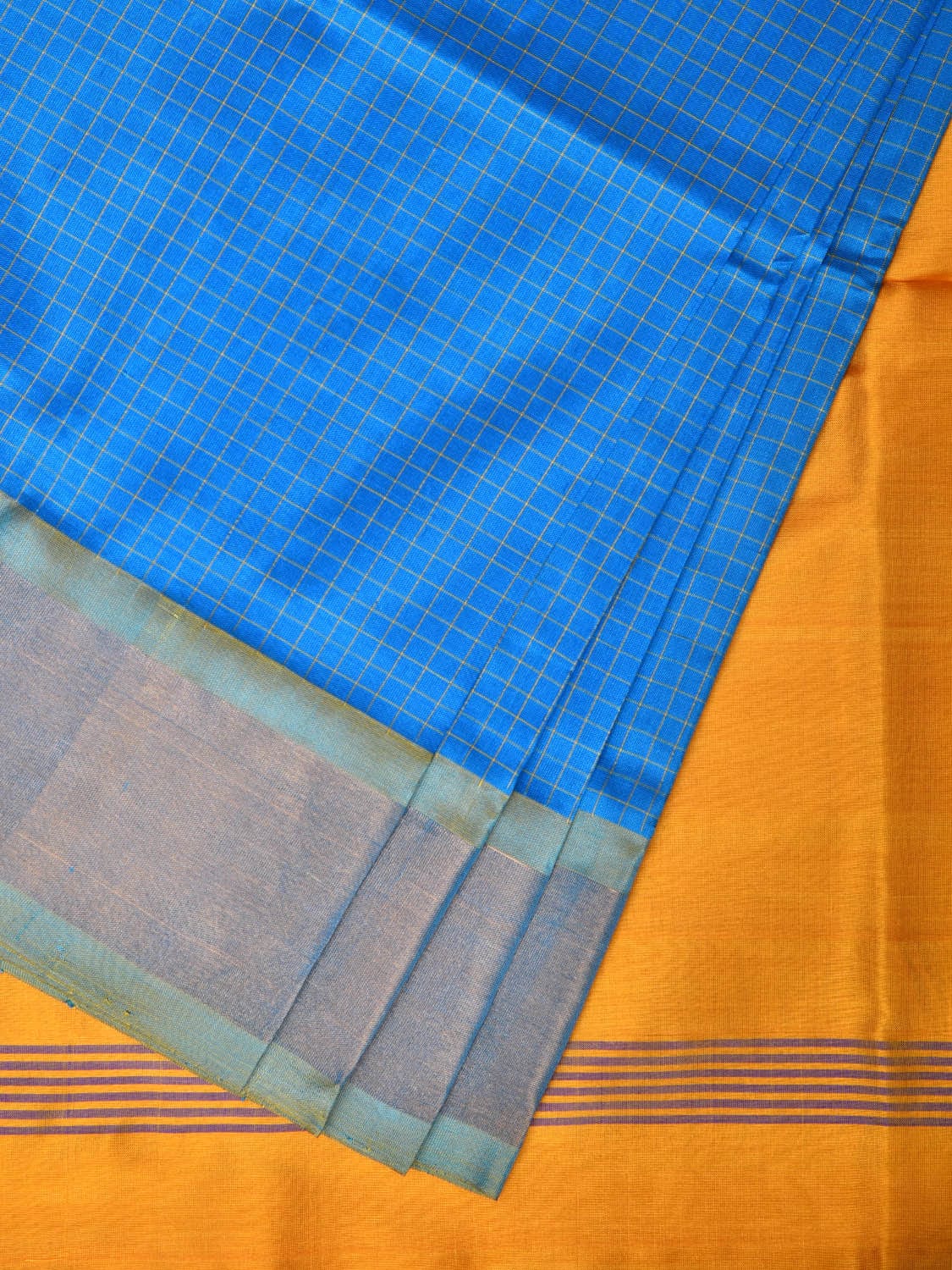 Blue and Yellow Uppada Silk Handloom Saree with Checks Design u2075