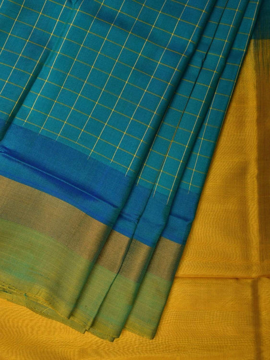 Blue and Yellow Uppada Silk Handloom Saree with Half Checks Body Design u1761