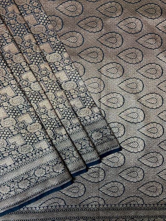 Blue Antique Zari Banaras Katan Intricate Allover Brocade Saree with   Border and Pallu Design b0313ds
