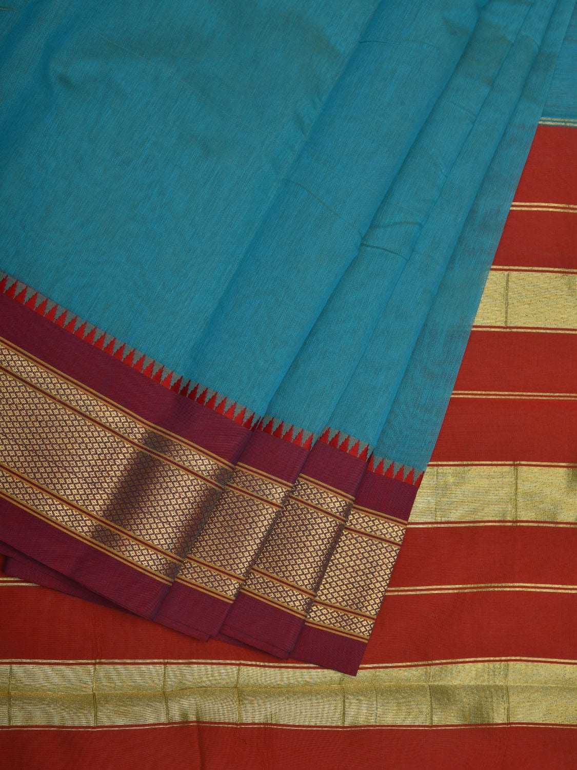 Blue Bamboo Cotton Plain Saree with Paithani Border Design No Blouse o0342