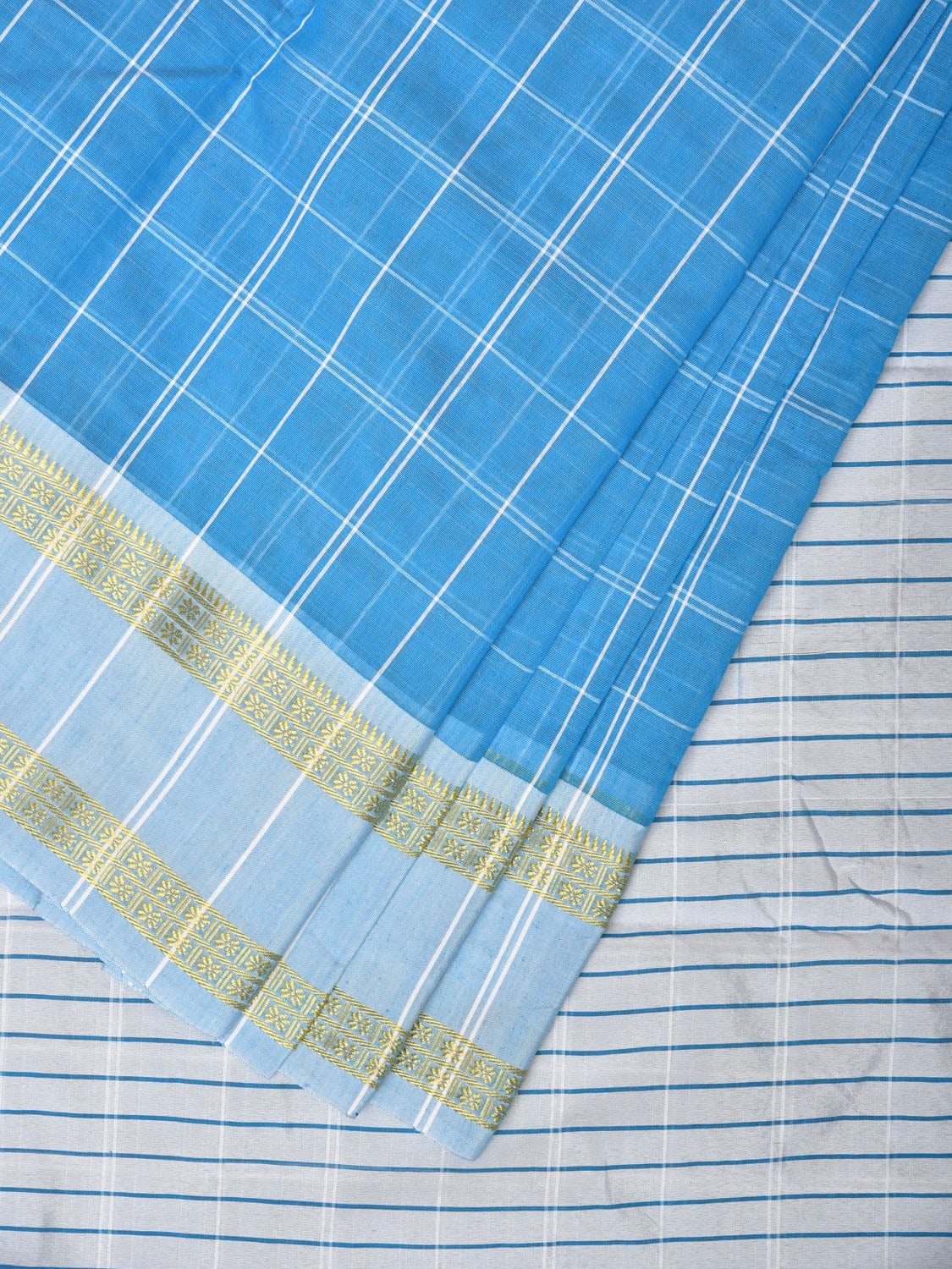 Blue Bamboo Cotton Saree with Big Checks and Doby Border Design bc0129