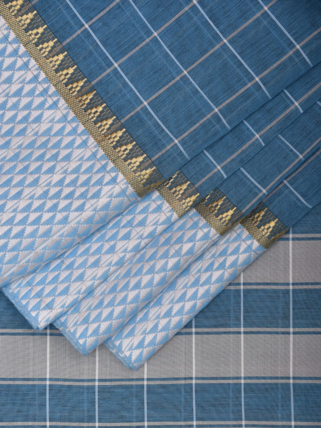 Blue Bamboo Cotton Saree with Big Checks Design No Blouse bc0331