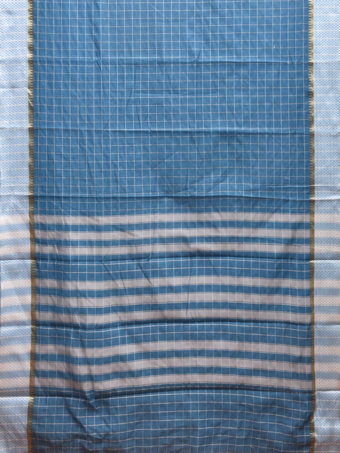 Blue Bamboo Cotton Saree with Big Checks Design No Blouse bc0331