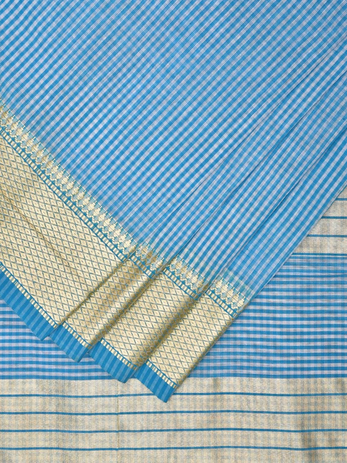 Blue Bamboo Cotton Saree with Small Checks Design No Blouse bc0594