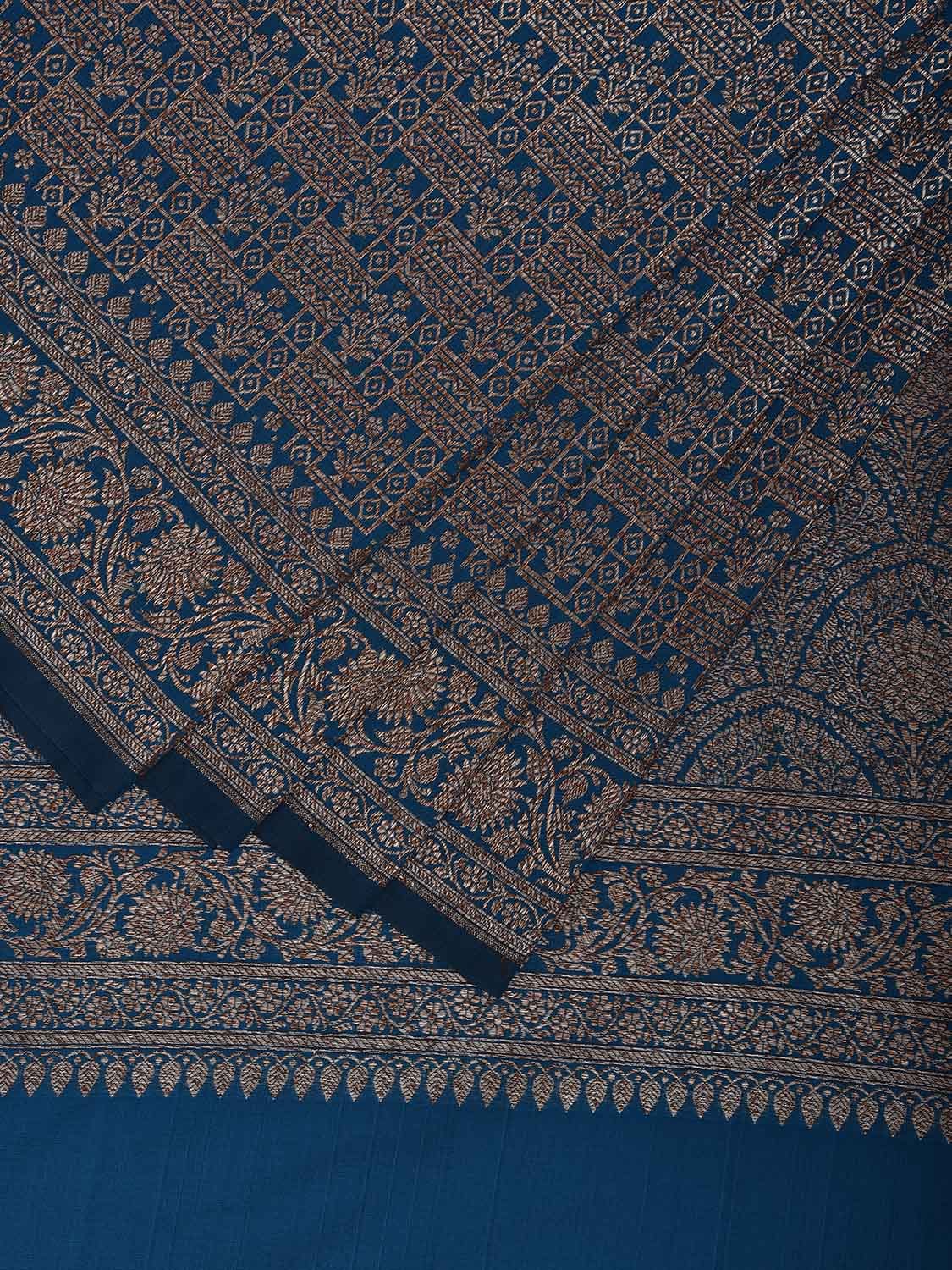 Blue Banaras Katan Saree with All Over and Floral Border Design o0655