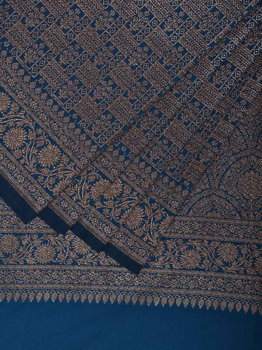 Blue Banaras Katan Saree with All Over and Floral Border Design o0655