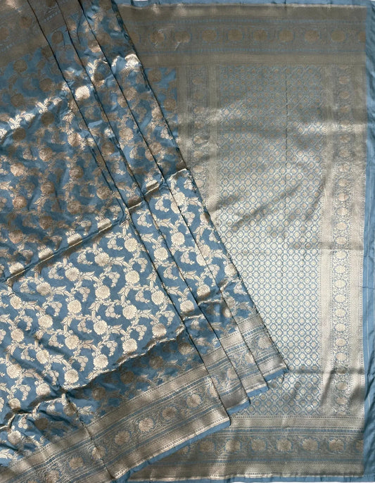 Blue Banaras Katan Silk Saree with Rich Zari Border and Floral Design b0076ds