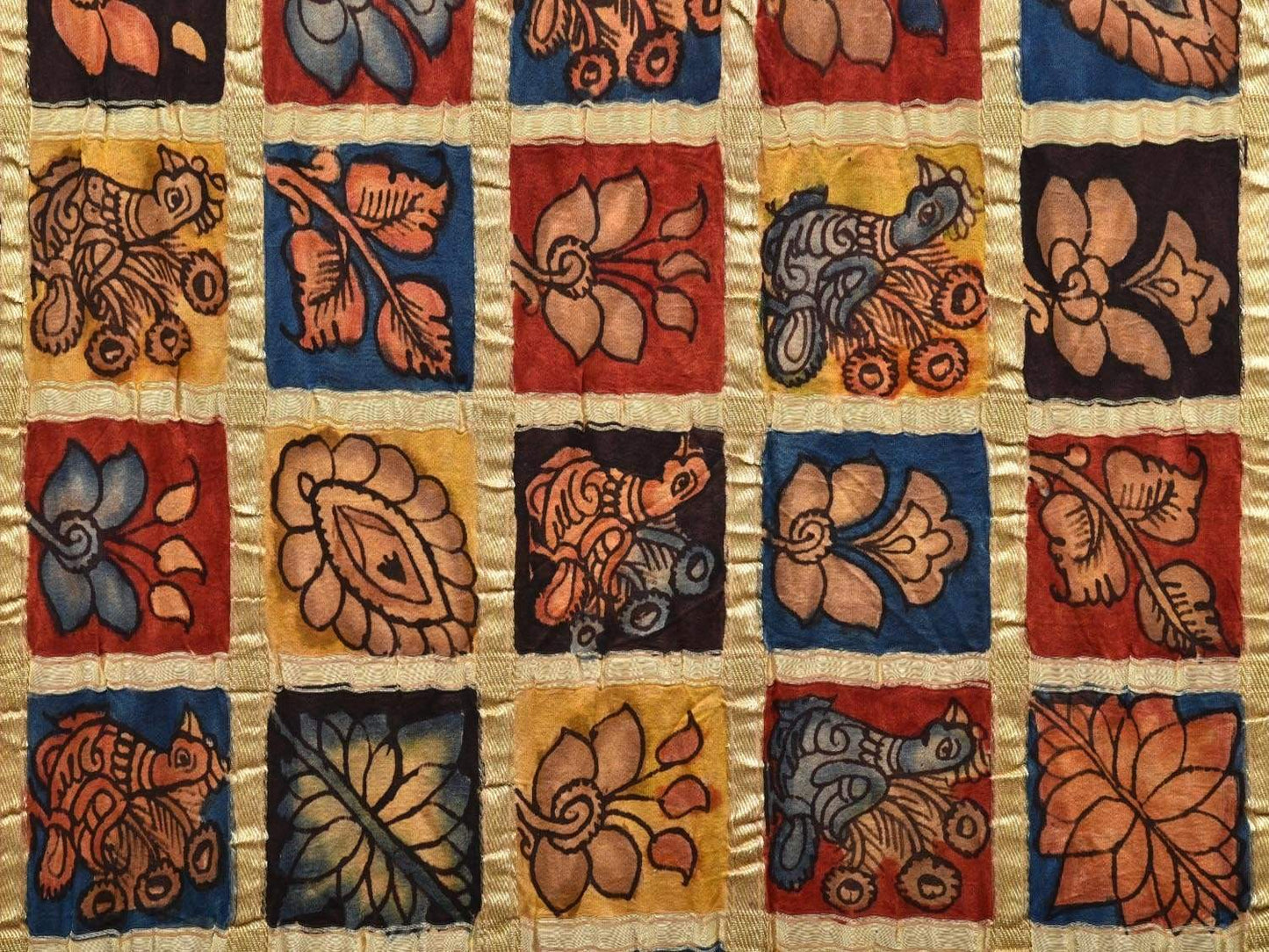 Blue Bandhani Kalamkari Hand Painted Silk Handloom Saree with Big Checks Design bn0318