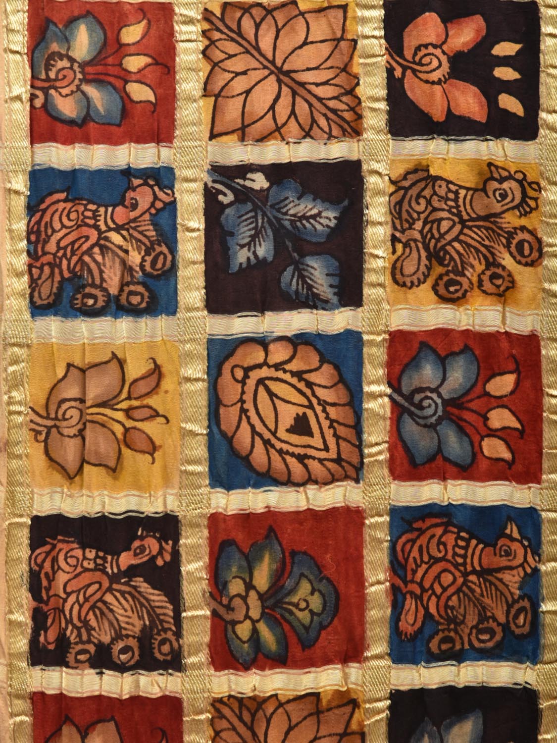 Blue Bandhani Kalamkari Hand Painted Silk Handloom Saree with Big Checks Design bn0318