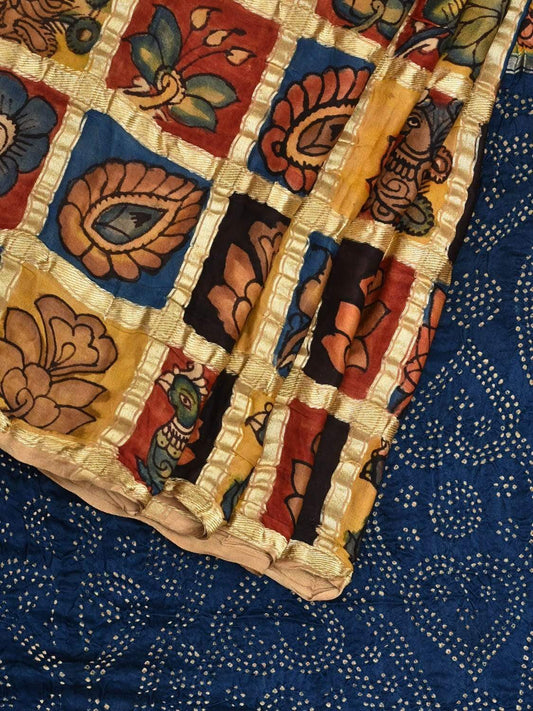 Blue Bandhani Kalamkari Hand Painted Silk Handloom Saree with Big Checks Design bn0318