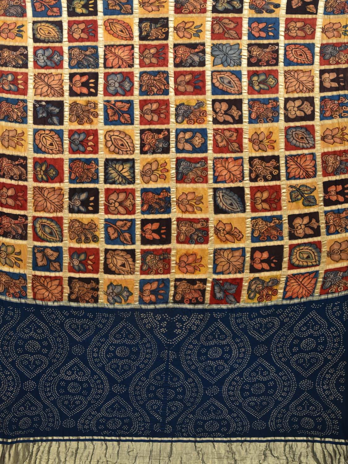 Blue Bandhani Kalamkari Hand Painted Silk Handloom Saree with Big Checks Design bn0318