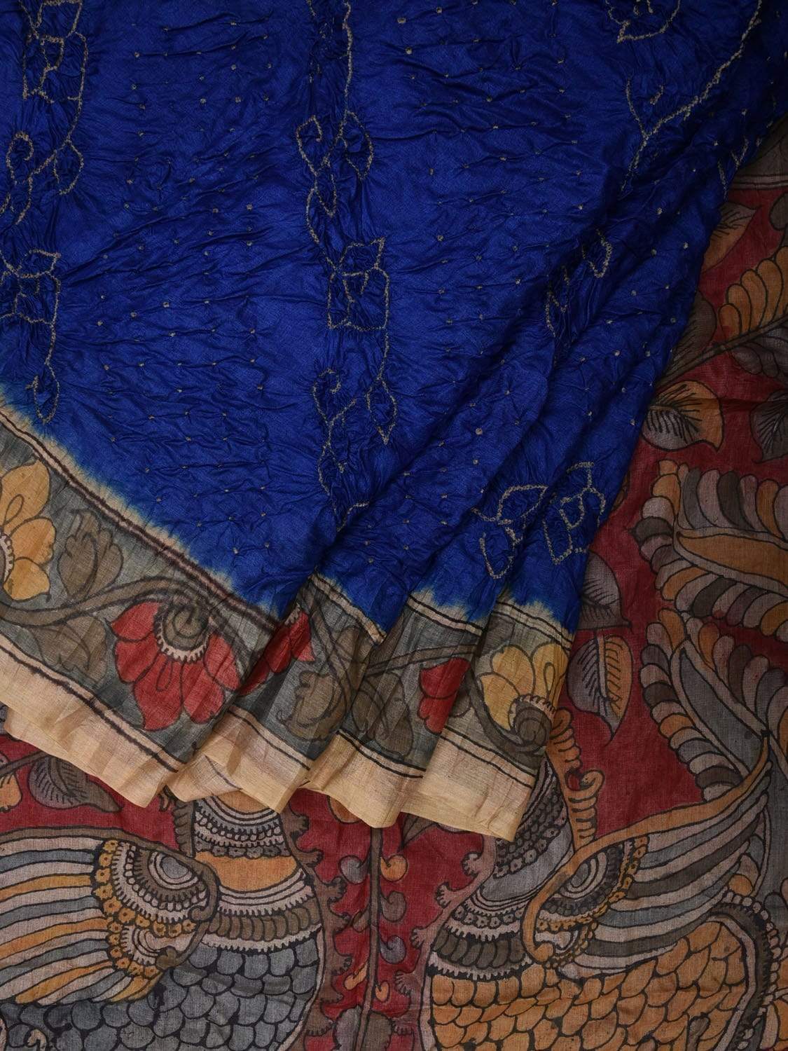 Blue Bandhani Kalamkari Tussar Handloom Saree with Pallu and Border Design bn0243