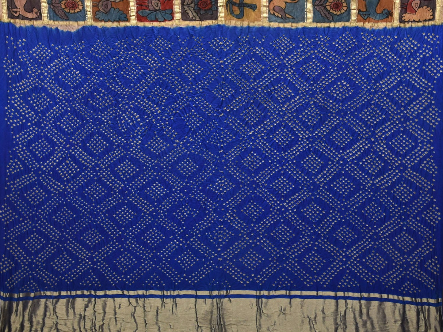 Blue Bandhani Kanchipuram Silk Handloom Saree with Kalamkari Hand Painted Body and Checks Design bn0409
