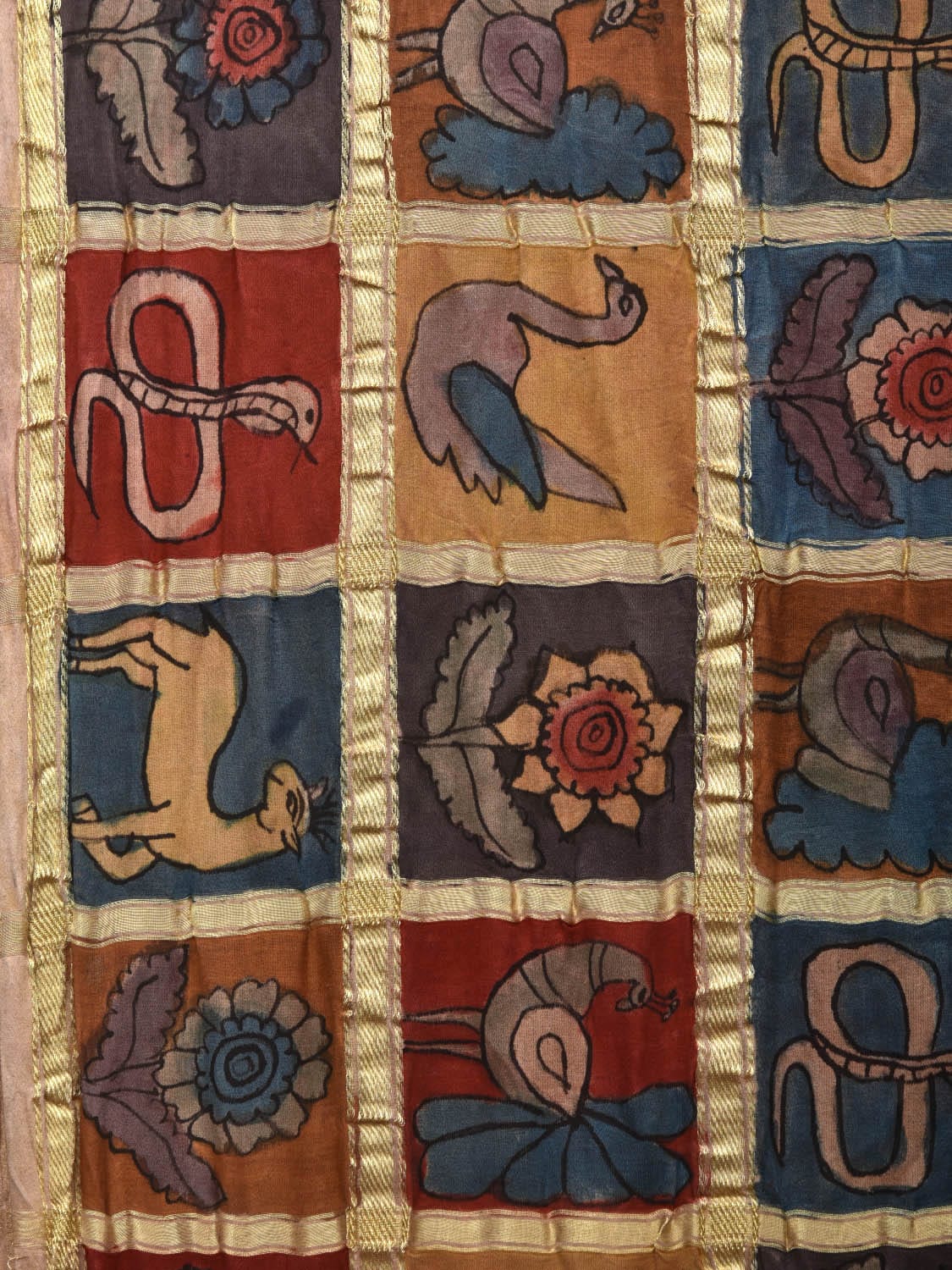 Blue Bandhani Kanchipuram Silk Handloom Saree with Kalamkari Hand Painted Body and Checks Design bn0409