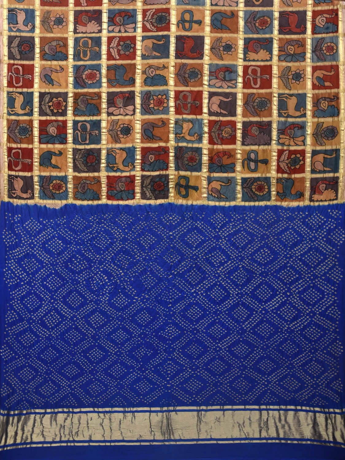 Blue Bandhani Kanchipuram Silk Handloom Saree with Kalamkari Hand Painted Body and Checks Design bn0409
