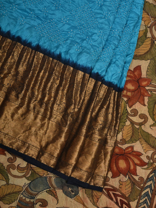 Blue Bandhani Kanchipuram Silk Handloom Saree with Kalamkari Hand Painted Pallu and Blouse Design bn0440
