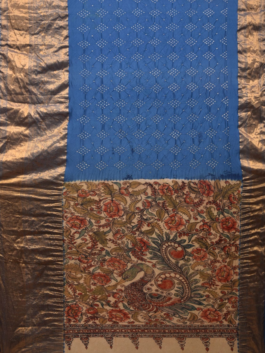 Blue Bandhani Kanchipuram Silk Handloom Saree with Kalamkari Pallu and Blouse Design bn0394