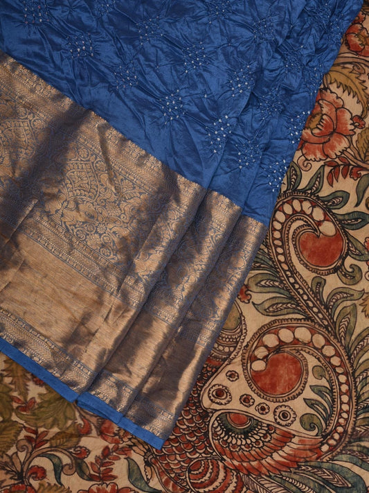 Blue Bandhani Kanchipuram Silk Handloom Saree with Kalamkari Pallu and Blouse Design bn0394