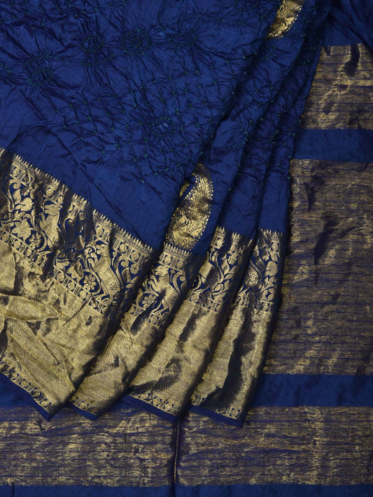 Blue Bandhani Kanchipuram Silk Handloom Saree with Mango Buta Design bn0236
