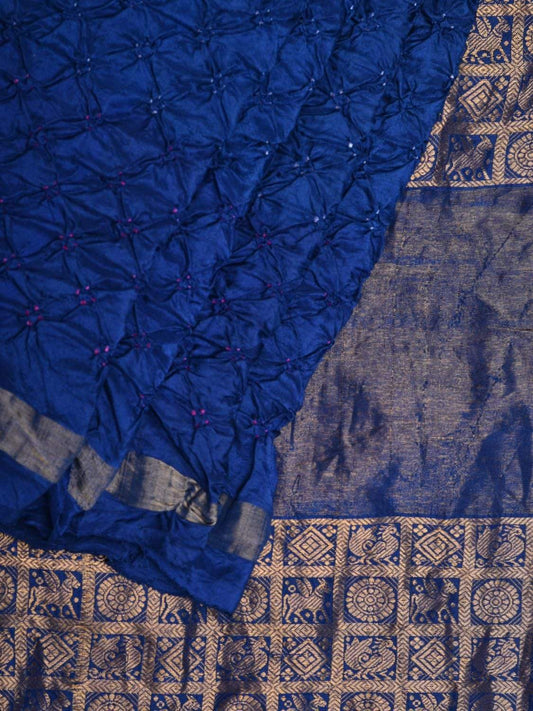 Blue Bandhani Kanchipuram Silk Handloom Saree with Middle Brocade Design bn0158
