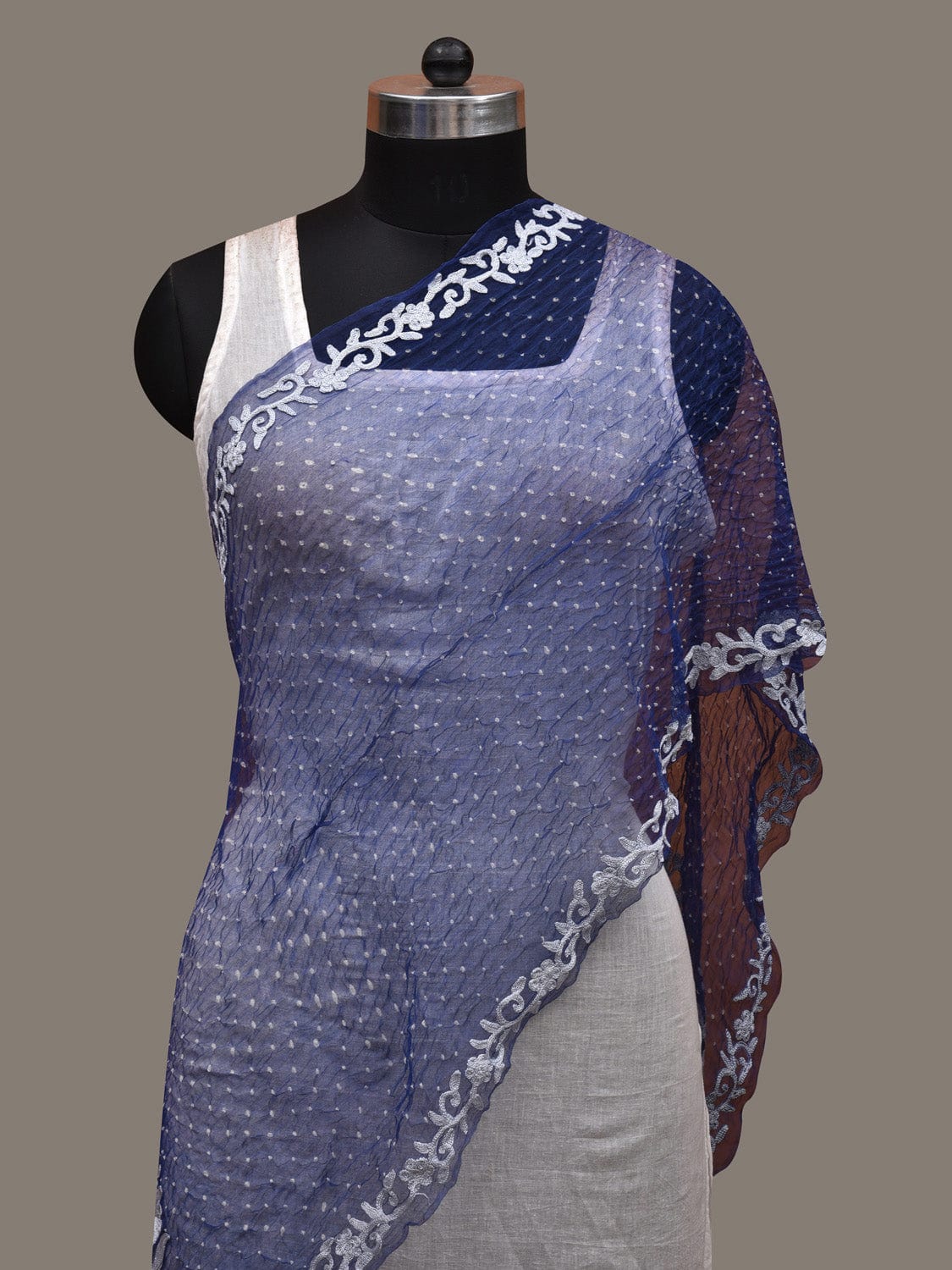 Blue Bandhani Organza Stole with Embroidary Work Design ds2855