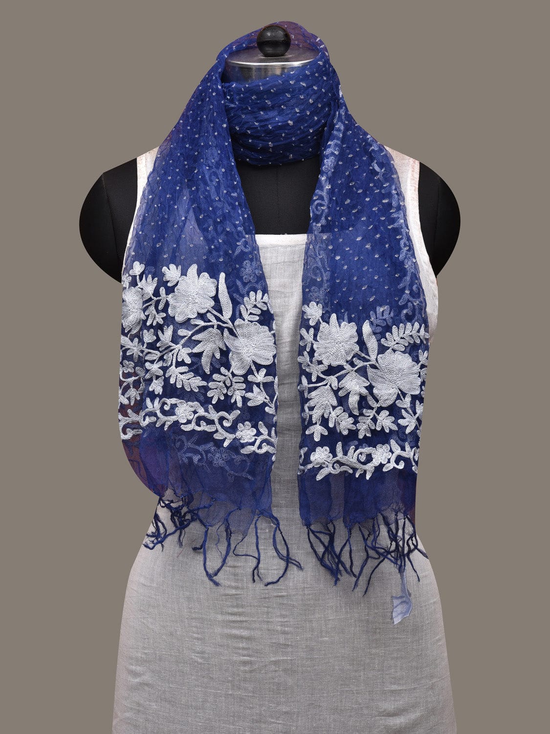 Blue Bandhani Organza Stole with Embroidary Work Design ds2855