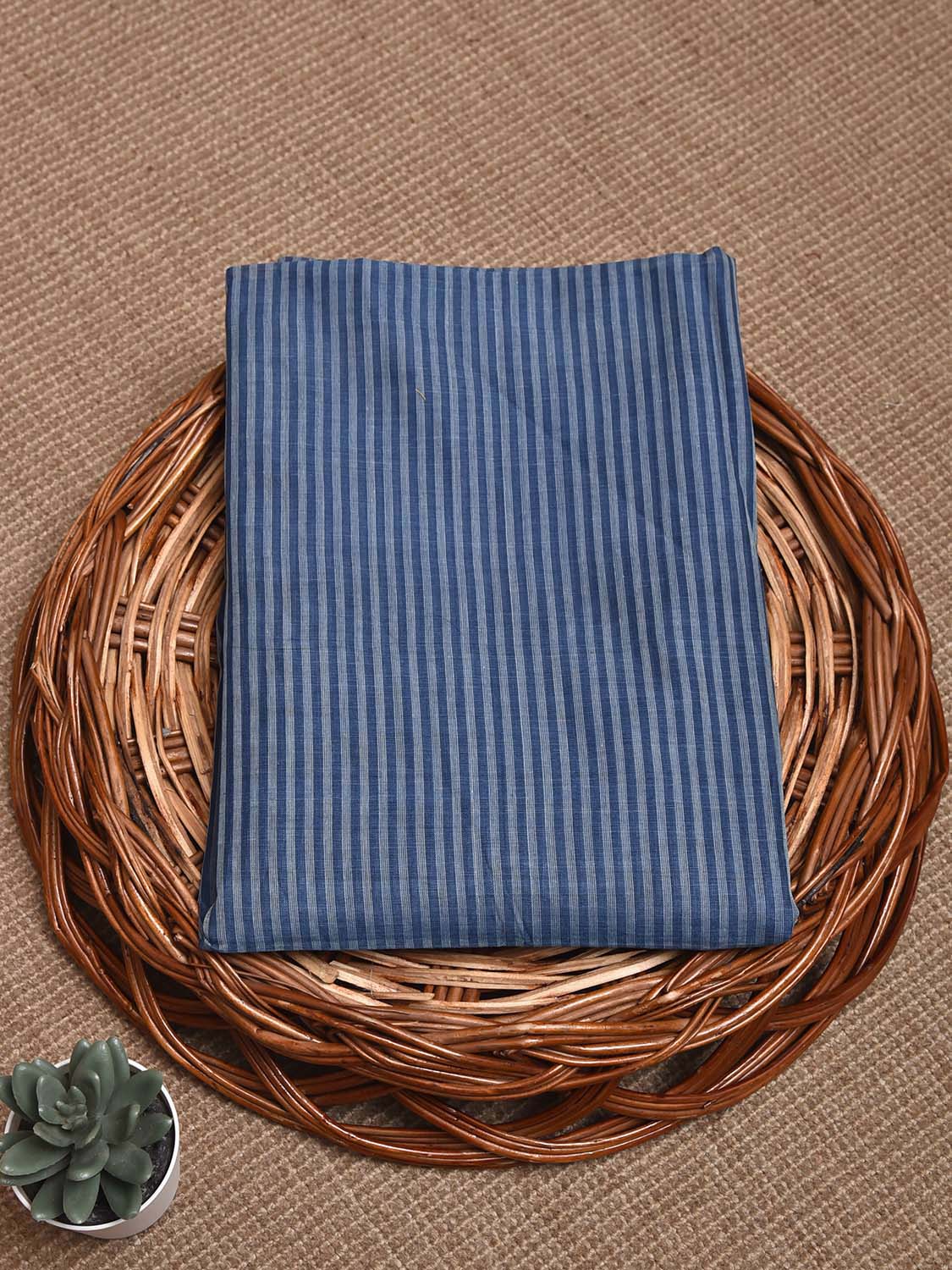 Blue Cotton Handloom Blouse with Strips Design Length 1mt Width 44 Inches BL0139