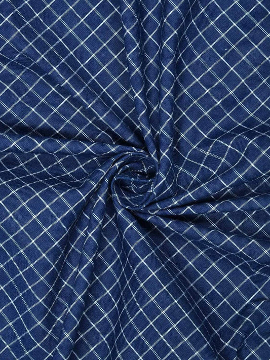 Blue Cotton Handloom 2.5mts Fabric Material with Small Checks Design f0148